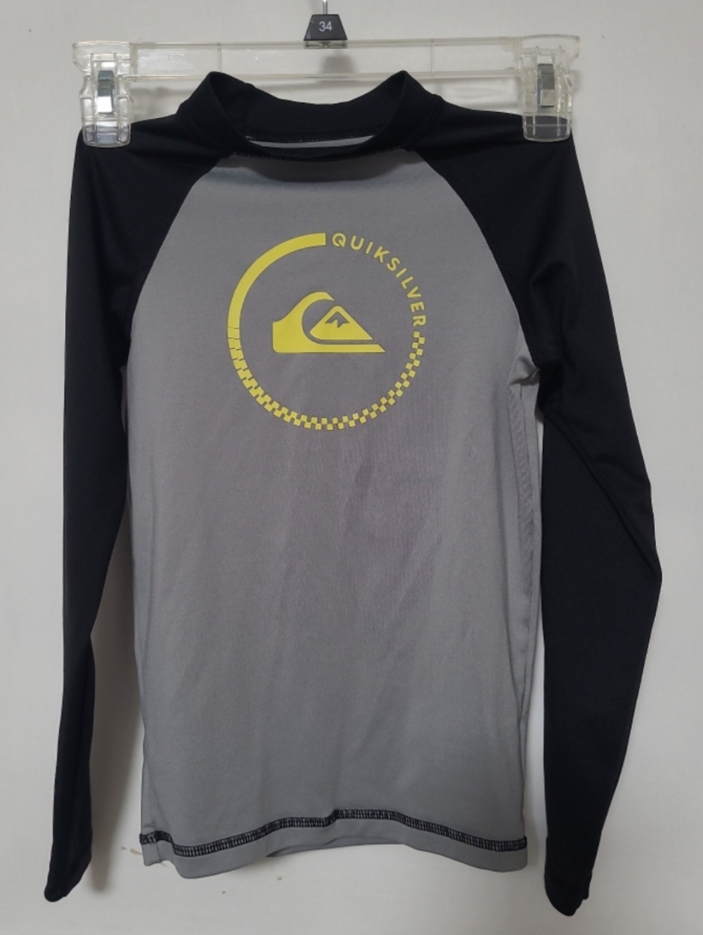 Quiksilver Boys' Gray & Black Long Sleeve Rash Guard with Yellow Logo XS 8